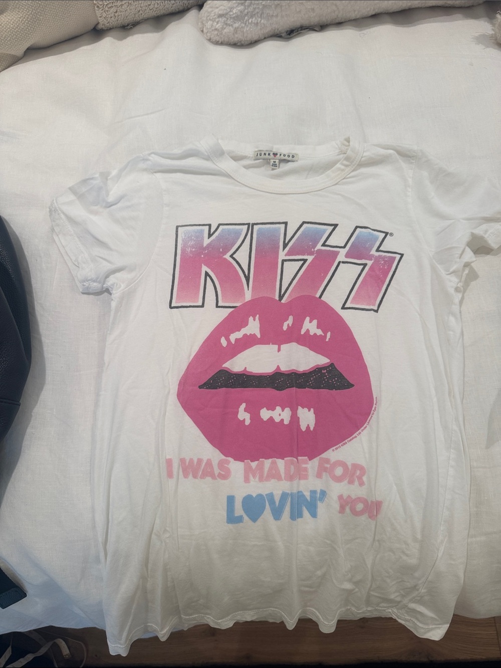 Junk Food Clothing White Tee with Pink Lips and Blue Accents